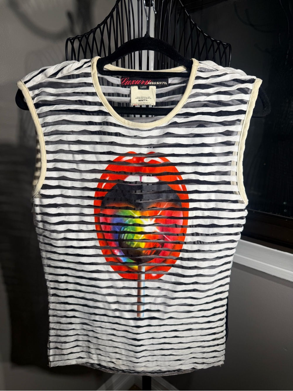 Striped Mesh Tank Top with Rainbow Lollipop Graphic